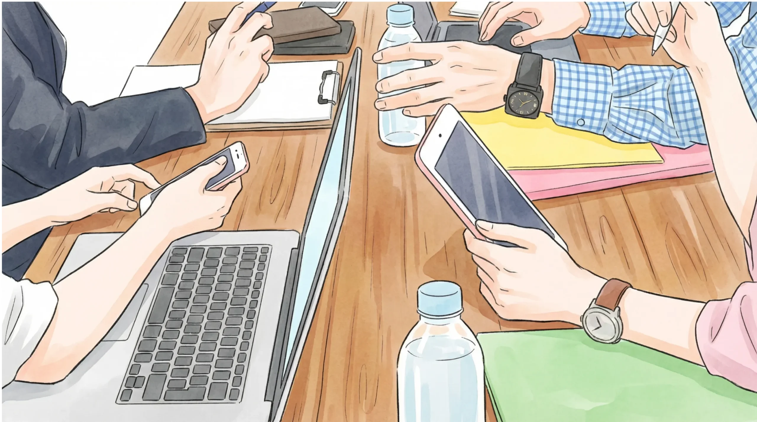 ノートパソコンやスマートフォンを手に作業する手元のイラスト